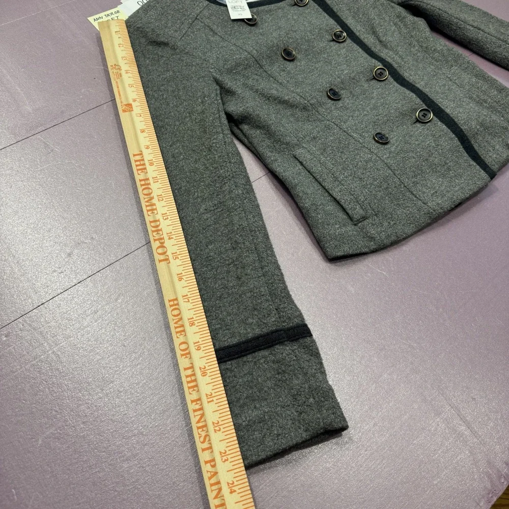 LOFT Double Breasted Jacket Womens XS Gray NEW Wool Blend Contrast Trim Military